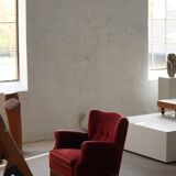 Pair of modern Danish lounge chairs, cherry red velvet, 1950s.