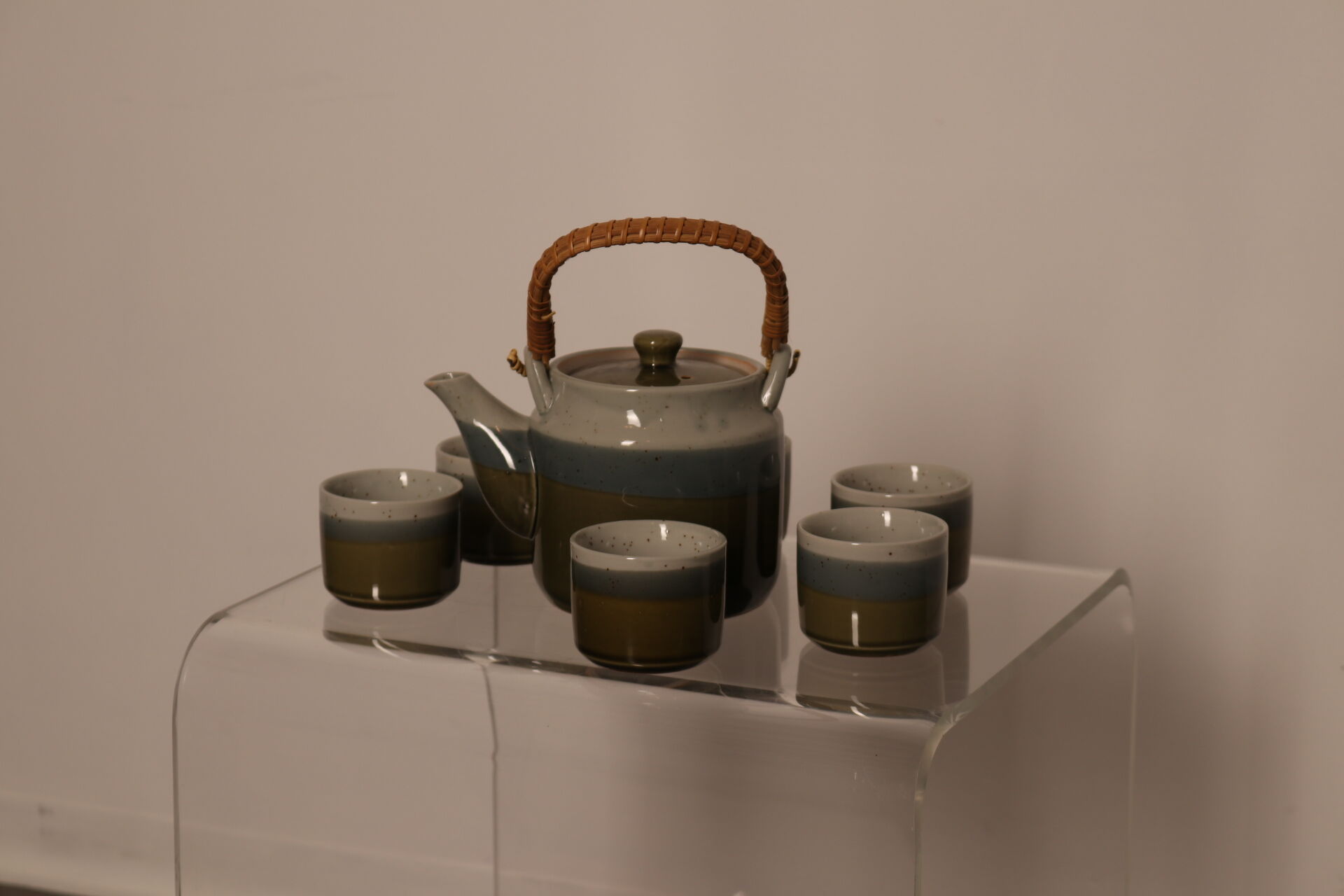 Hand-made ceramic tea set glazed in bleu-green tones, Belgium 1960