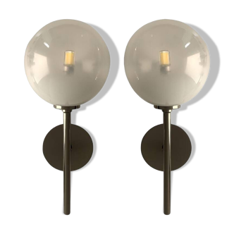 Set of Two Contemporary Gradient White Sphere in Black Nikel Wall Sconces