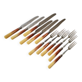 Set of 12 place settings 6 small dessert forks 6 vintage bakelite and stainless steel knives ACC-7082