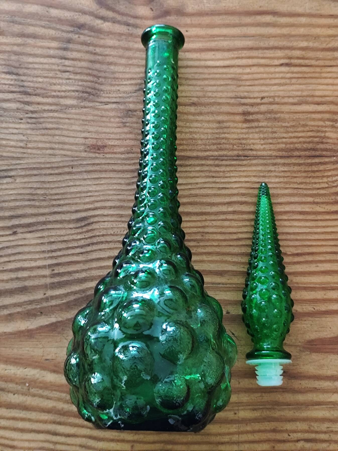 Italian carafe in Empoli glass, Boules model, green color, year 60.
