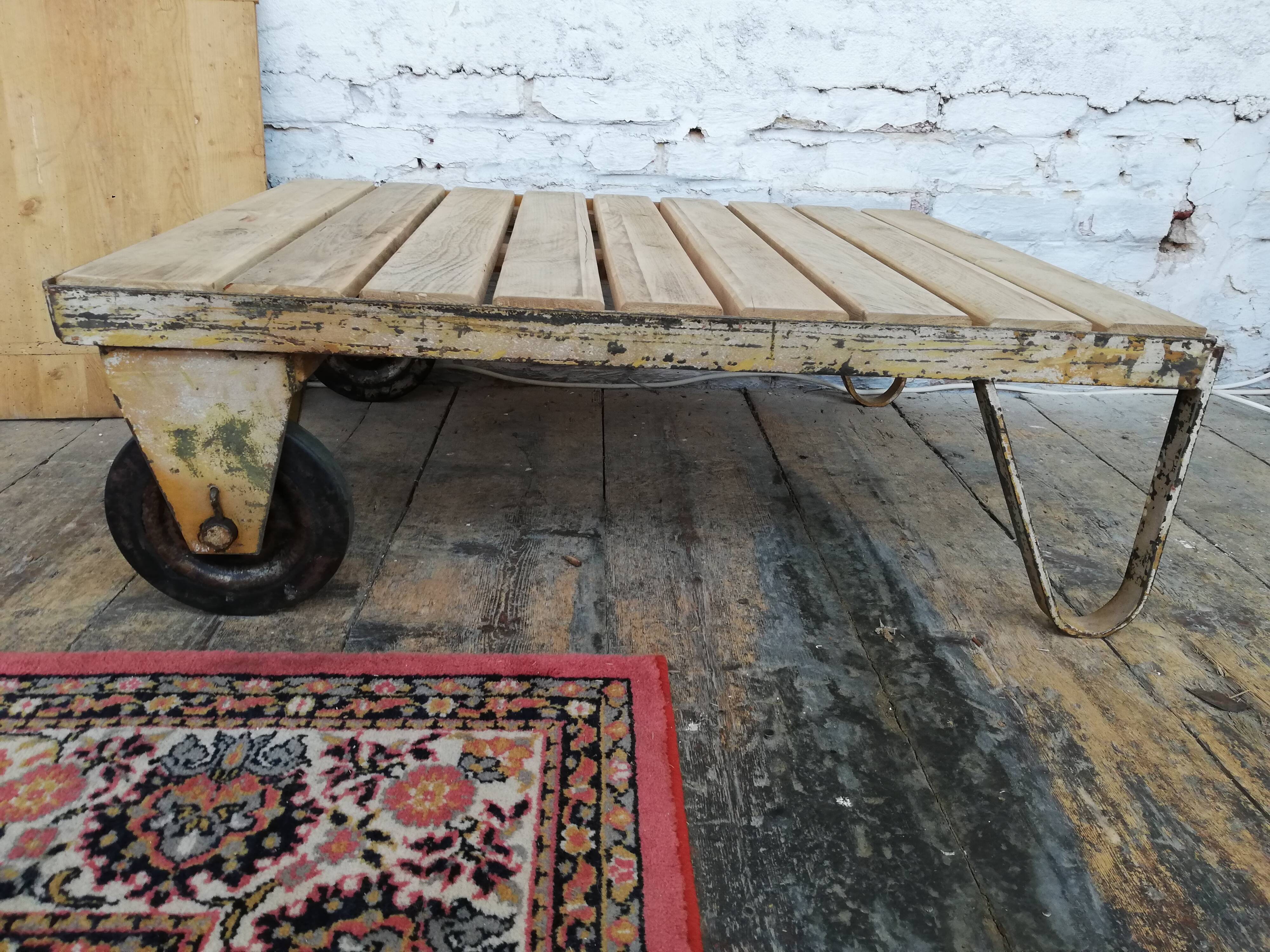 Wooden and metal coffee table, old industrial trolley