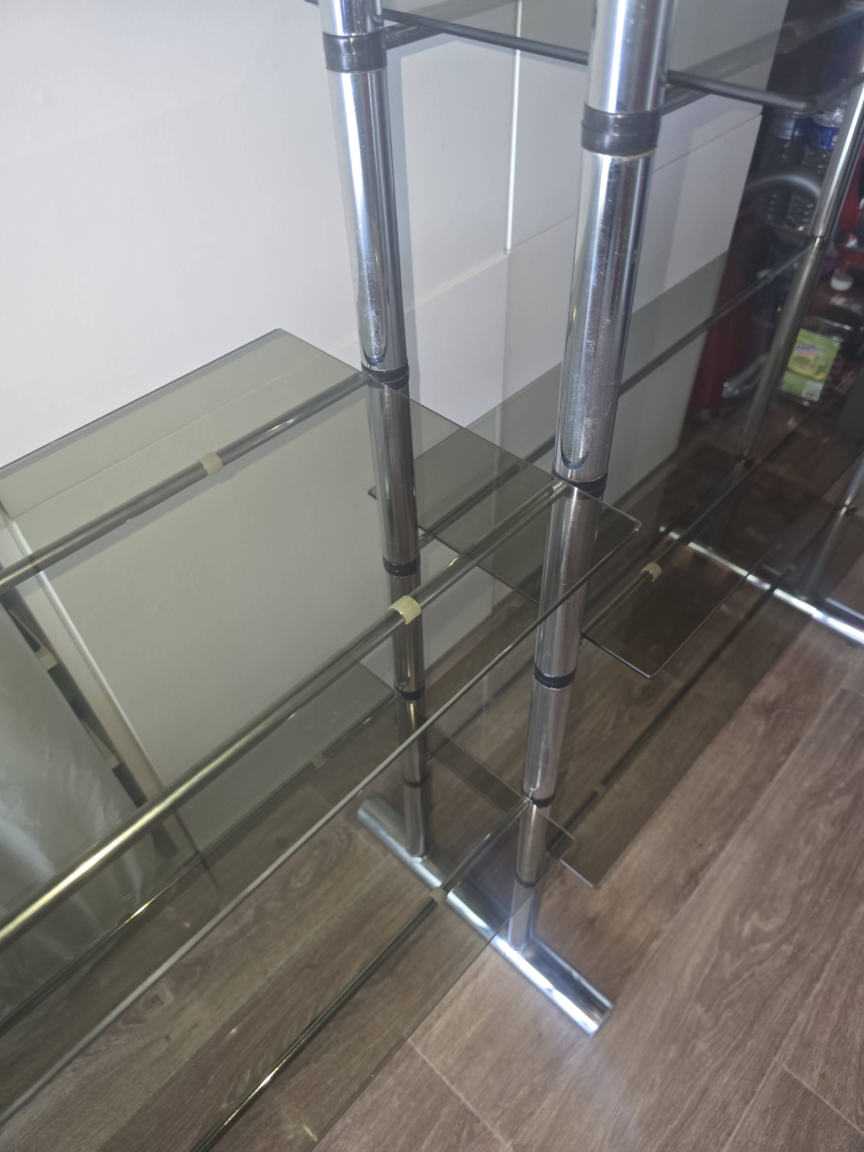 Large vintage double bookshelf from the 70s with chrome and smoked glass.