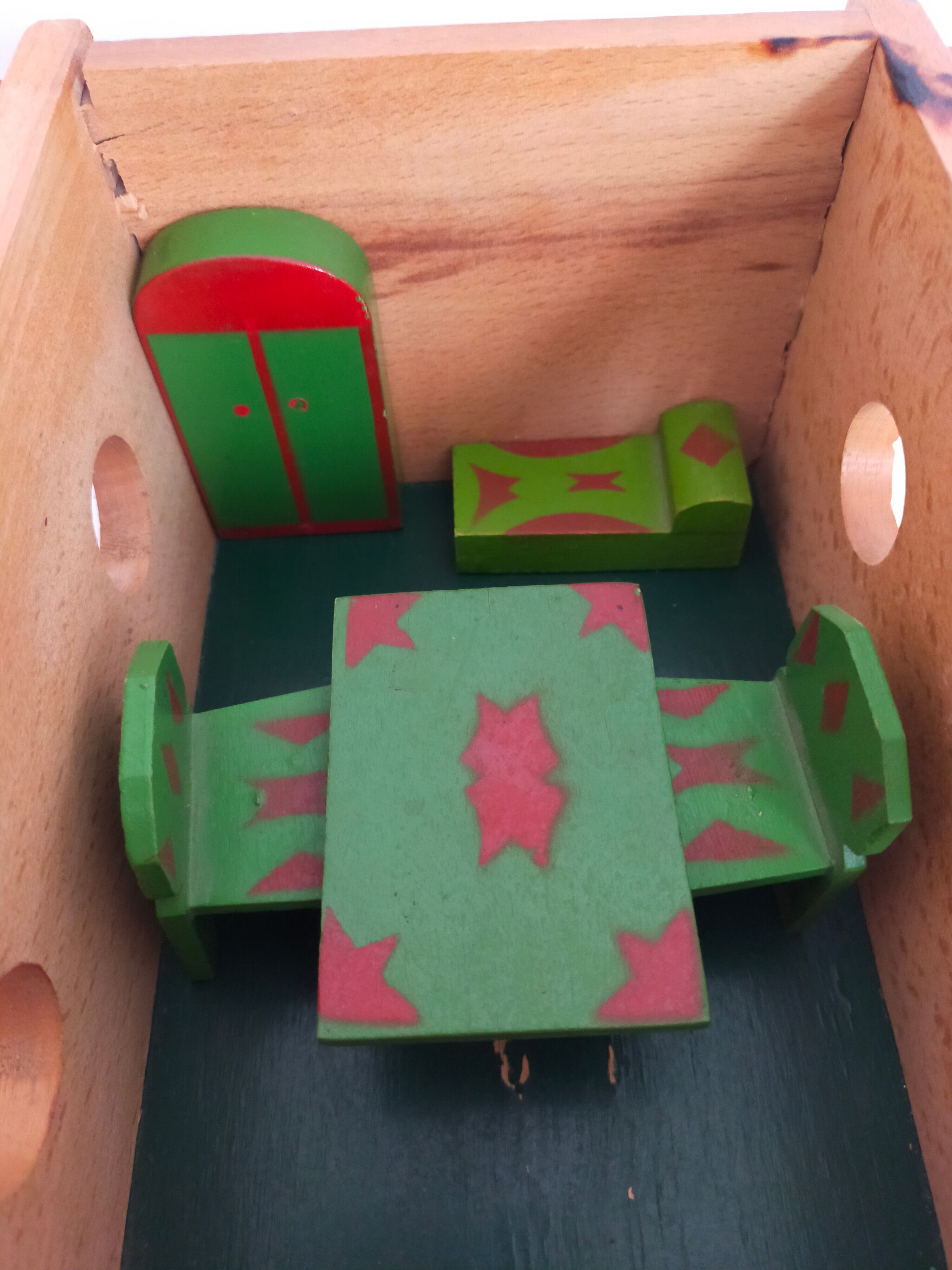 Wooden house furnished vintage toy child