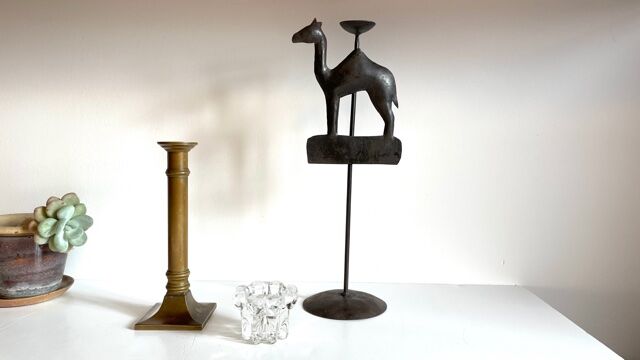 Trio de bougeoirs laiton cristal métal vintage