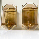 Pair of Scandinavian Vintage  wall light Sconce in Brass & Amber colored Glass
