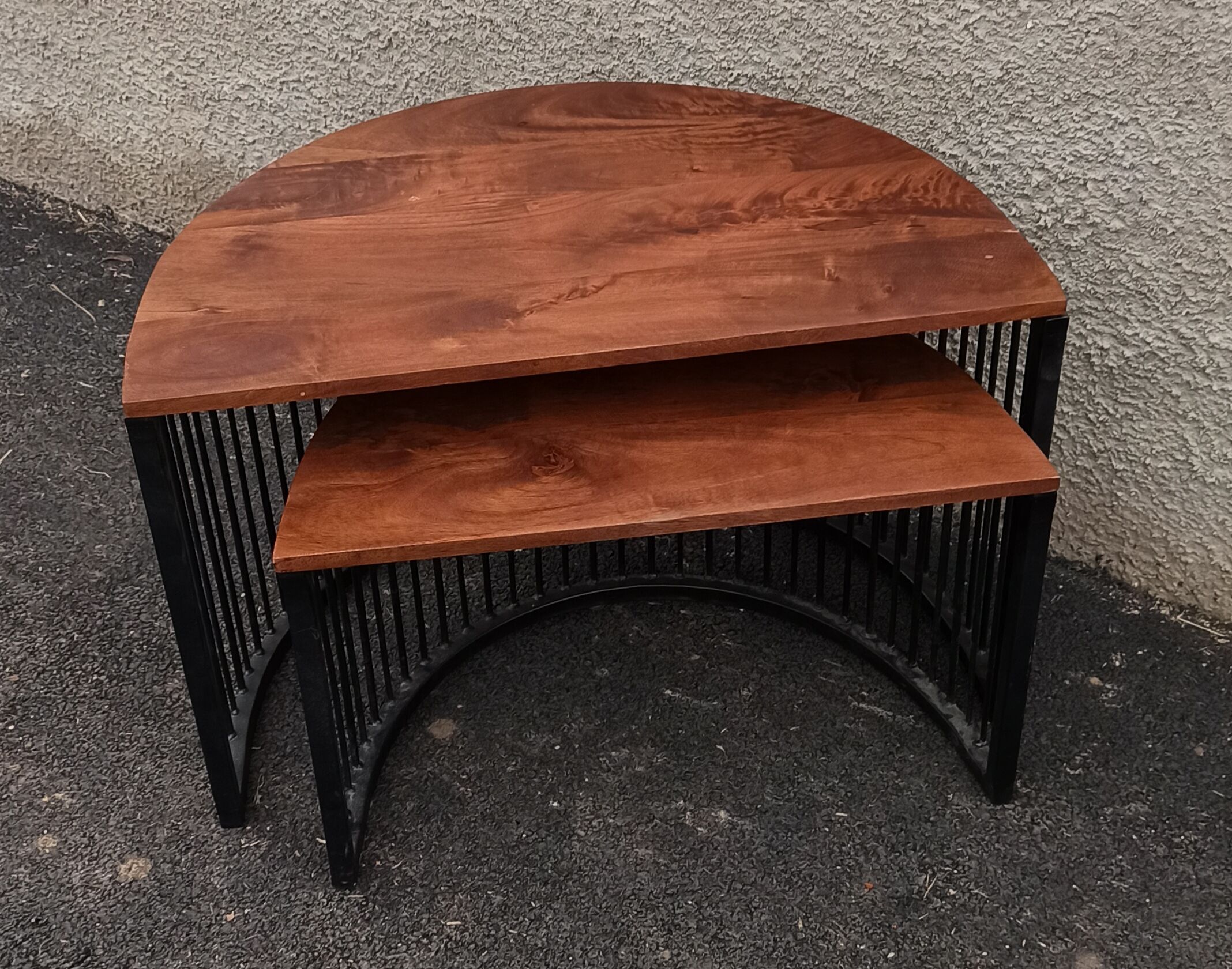 Half-circle wooden tables, metal feet