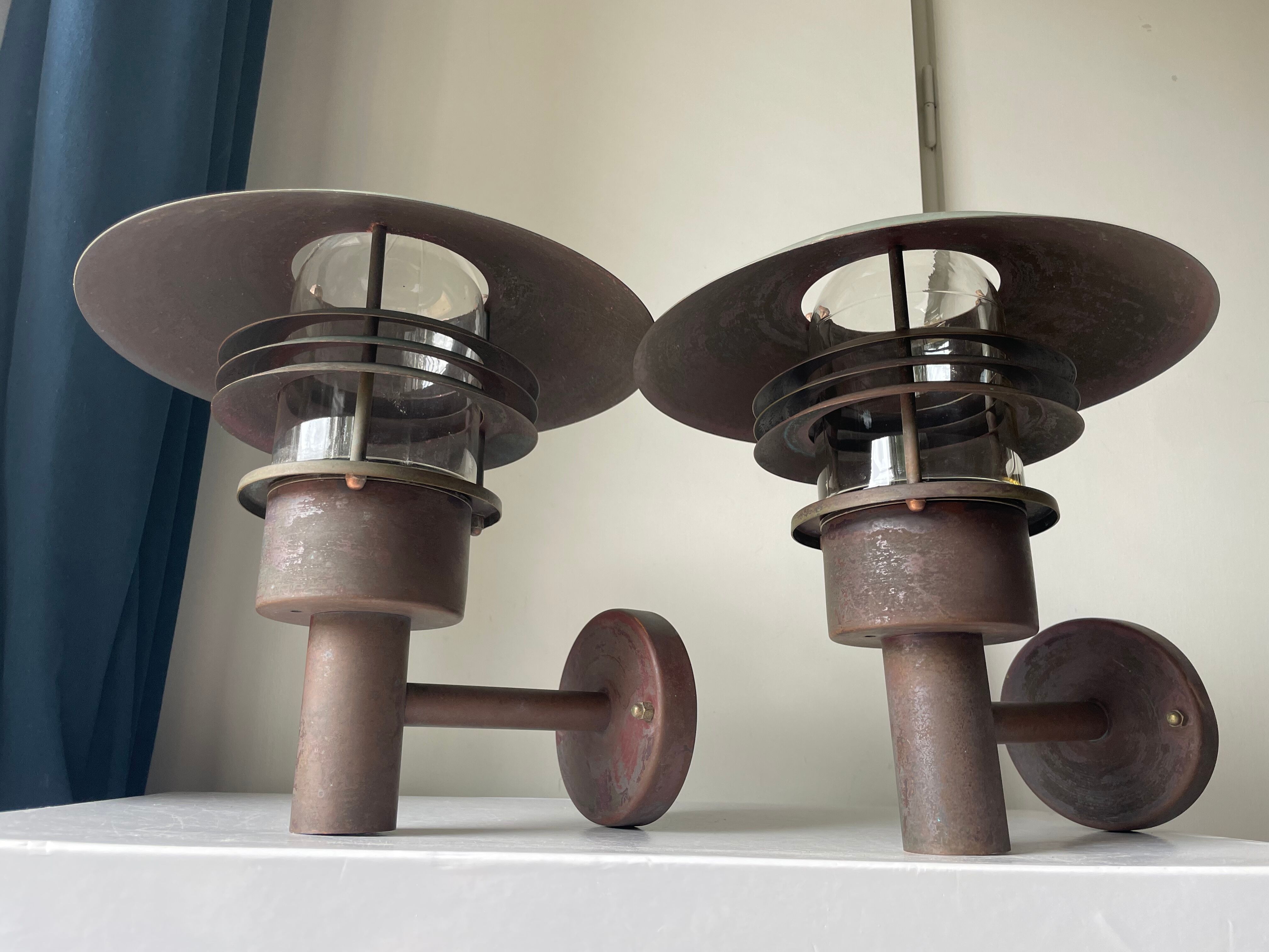 Pair of classic danish vintage  outdoor wall lamps in copper