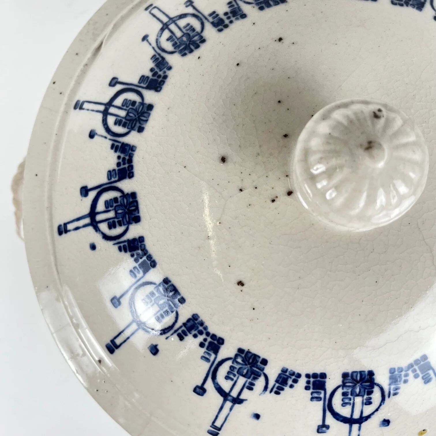 Old stoneware hot water bottle / casserole from Saint Uze, blue decoration, early 20th century.