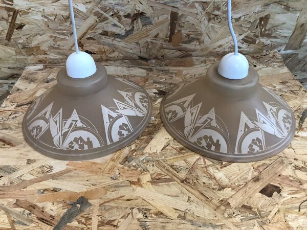 Ancienne paire suspension vianne verre moulé + décor + fil blanc vintage