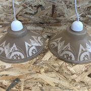 Ancienne paire suspension vianne verre moulé + décor + fil blanc vintage
