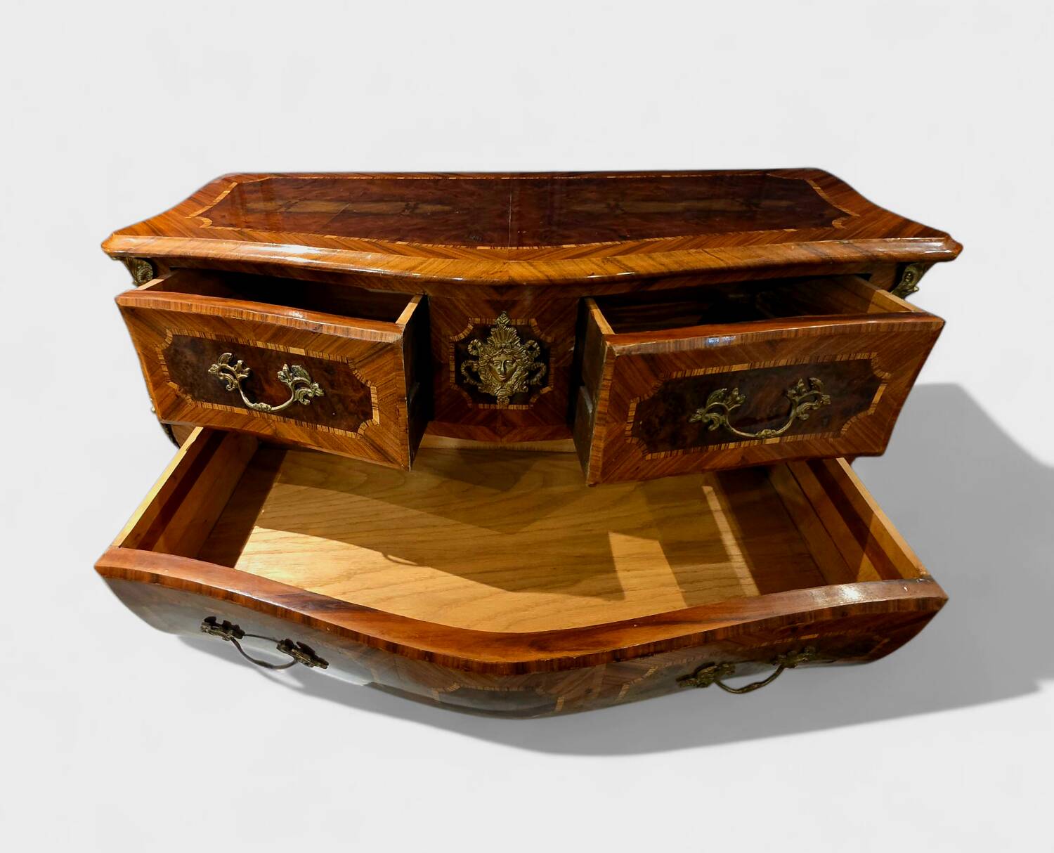 Louis XV style commode in marquetry and gilded bronze