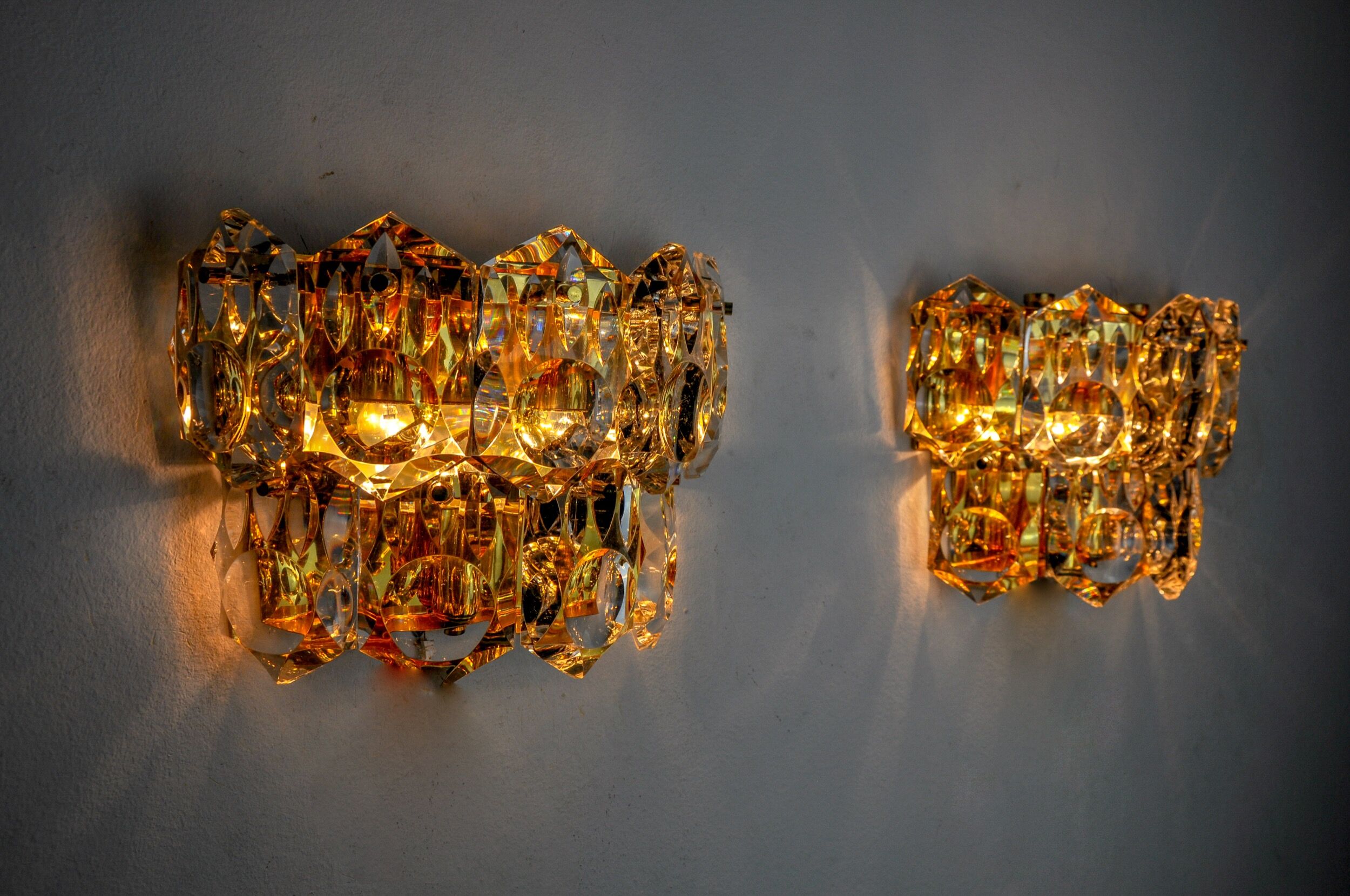 Pair of kinkeldey wall lamps, 2 levels, cut crystals germany, 1970