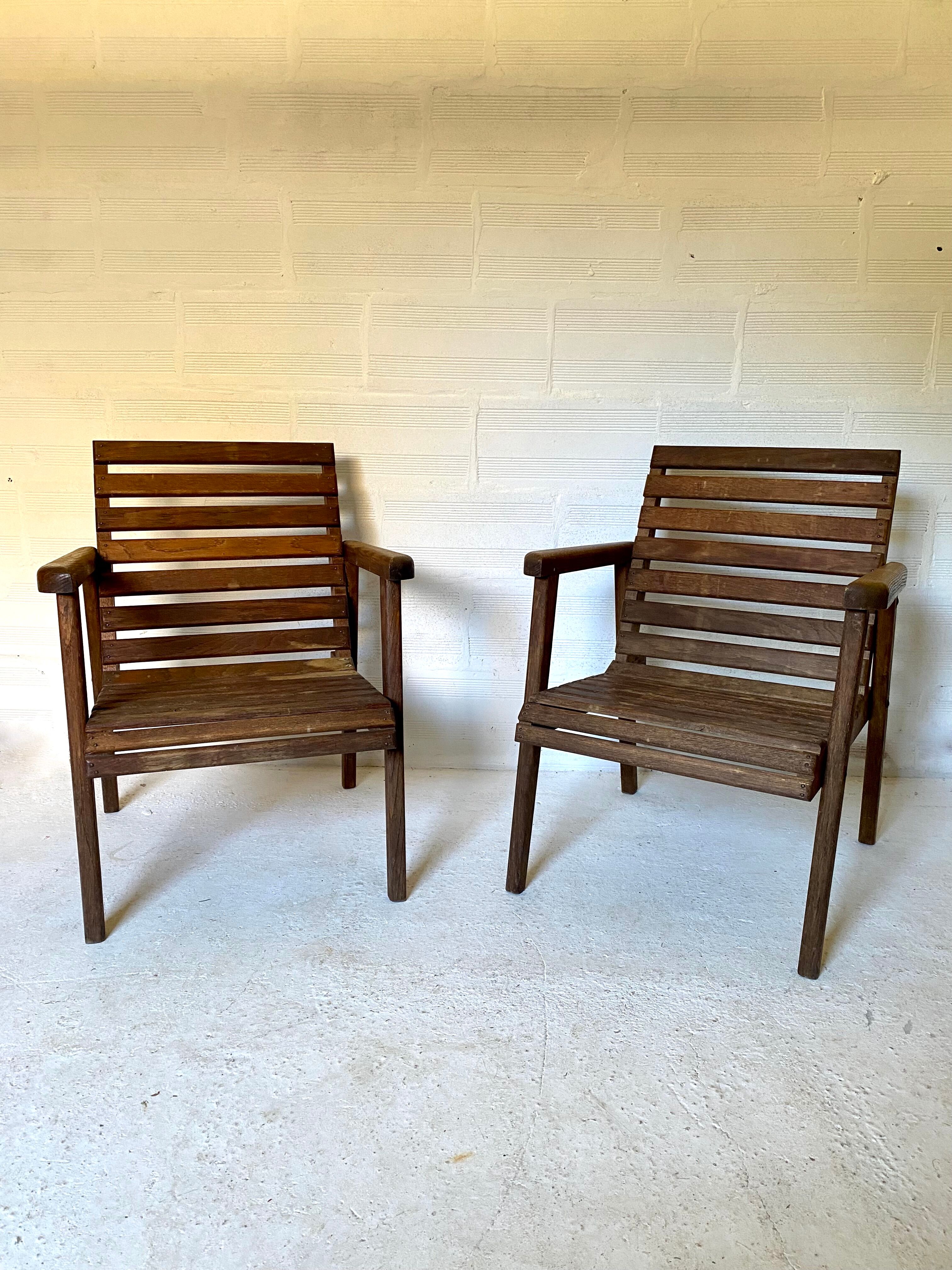 pair of armchairs with slats in chene 1950