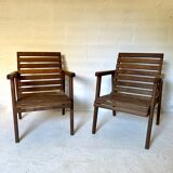 pair of armchairs with slats in chene 1950