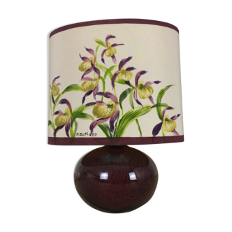 Lampe boule céramique violette et abat jour fleuri