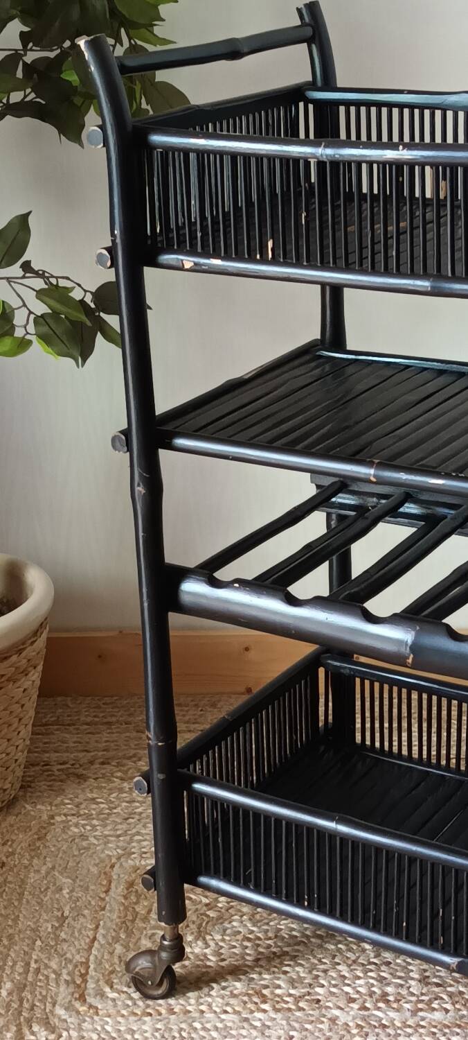 Vintage 50's black lacquered bamboo trolley