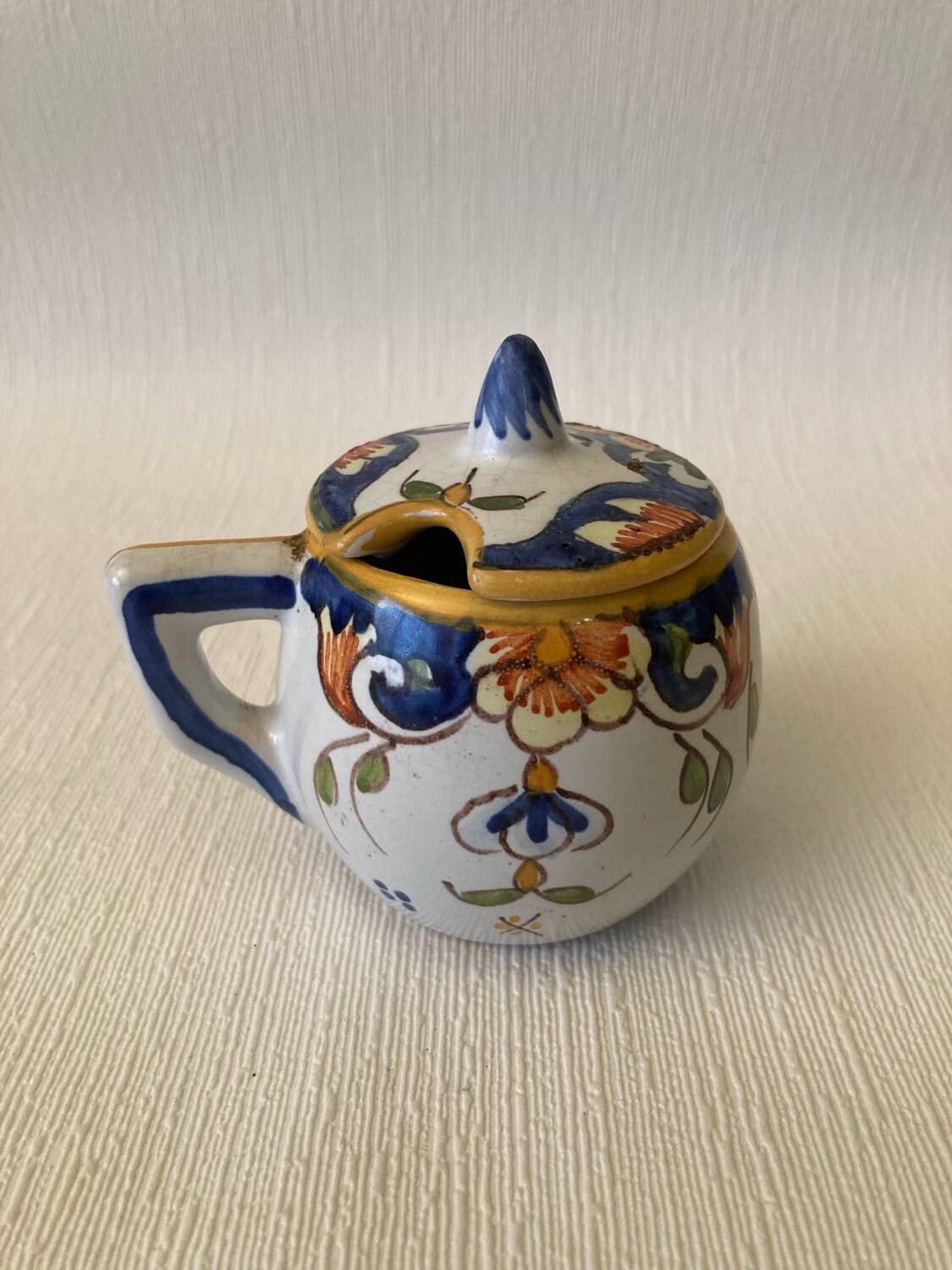 Mustard pot signed Henri Delcourt Hand painted Old Rouen early 20th century