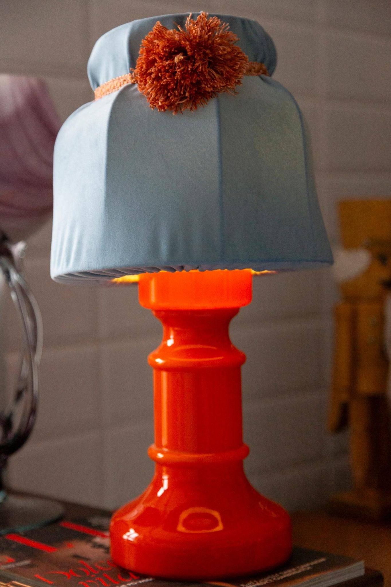 Orange and blue ceramic table lamp with velvet, Italy, 1960s
