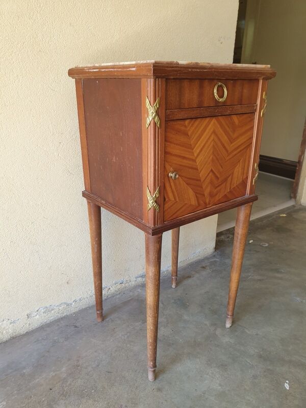 Louis XVI-style wooden veneer bedside table, marble top