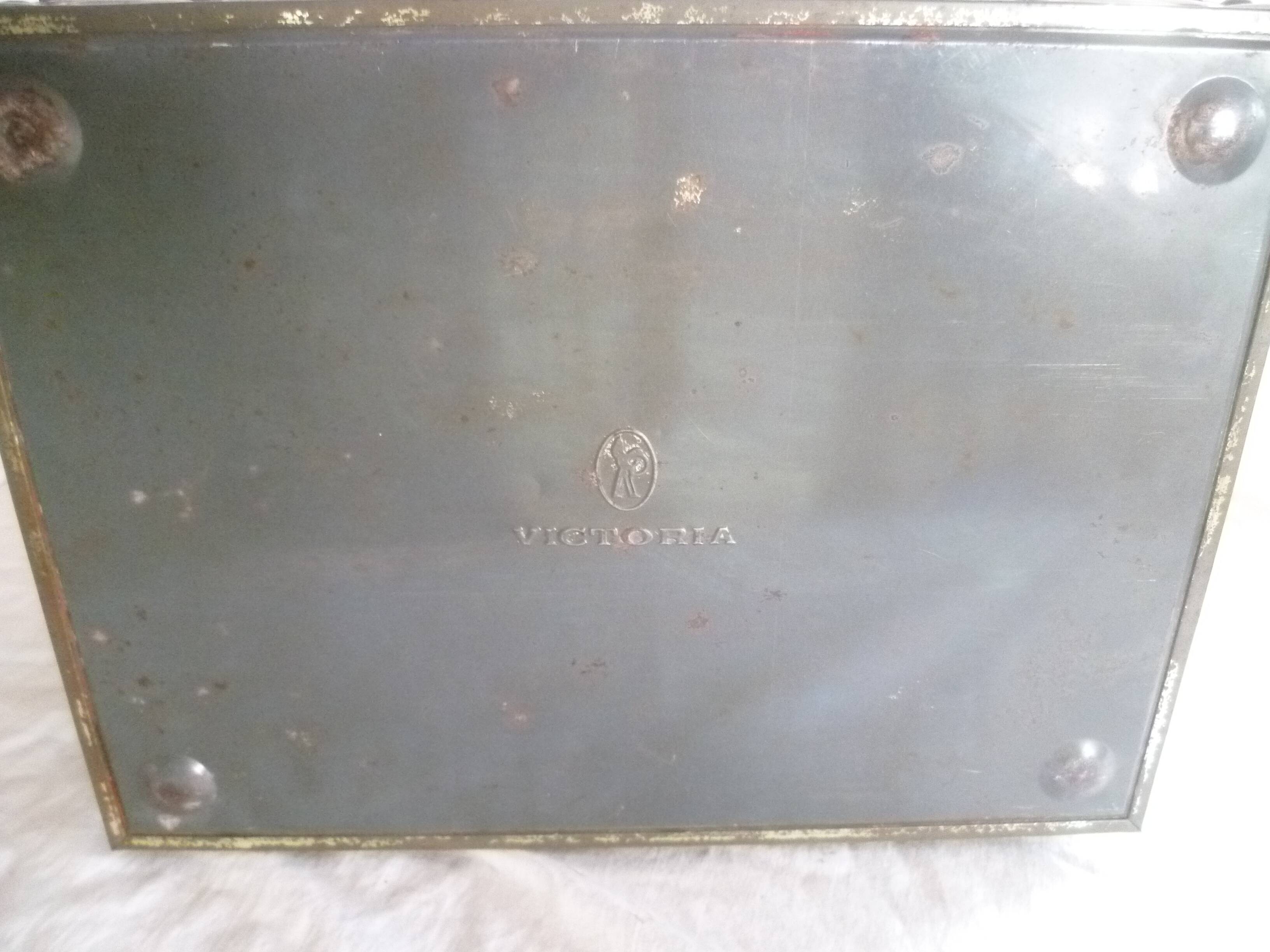 Iron sewing box, old Victoria biscuit tin, collector's item