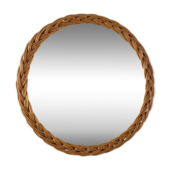 Miroir rond ancien en rotin 34cm
