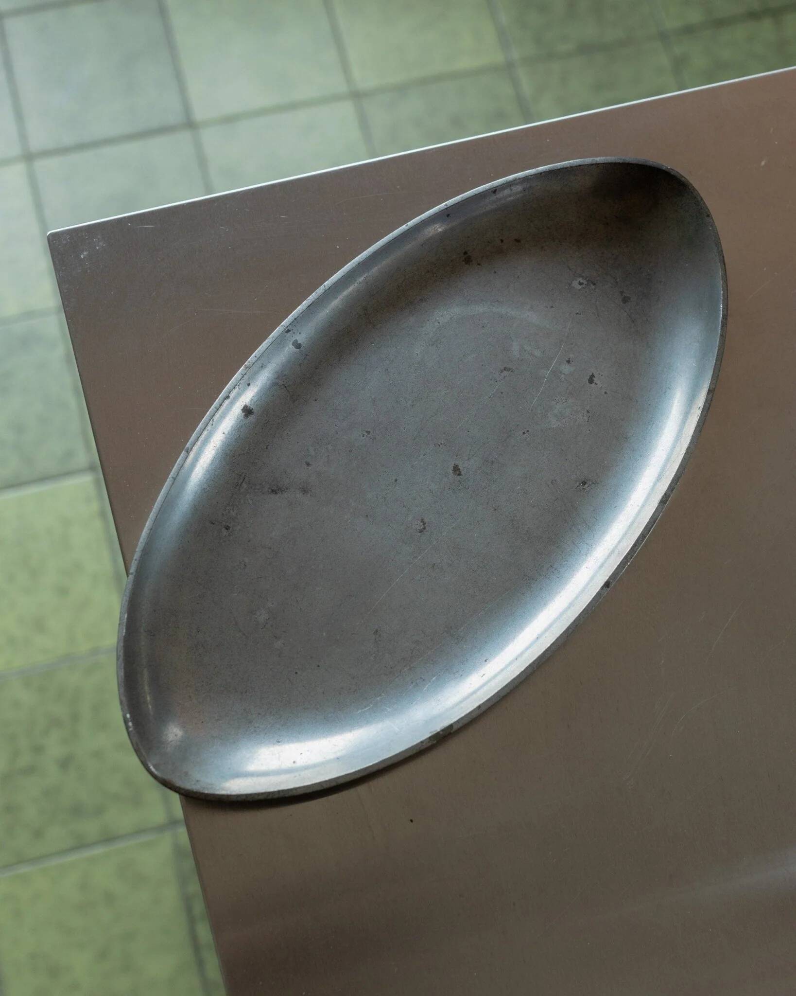 Oval vintage pewter tray by Just Andersen - silver-gray metal, Art Deco Denmark 1930s