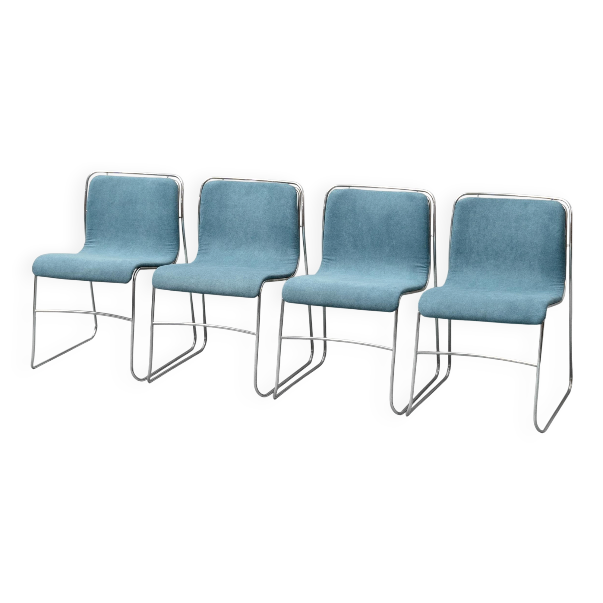 Set of 4 vintage metal and blue fabric chairs, 1970s modernist