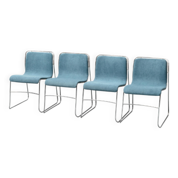 4 chaises modernistes en métal et tissu bleu, années 1970