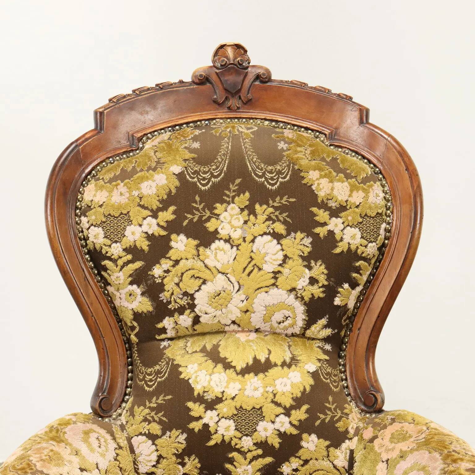 Fauteuil ancien umbertin en noyer et tissu, Italie, XIX Century