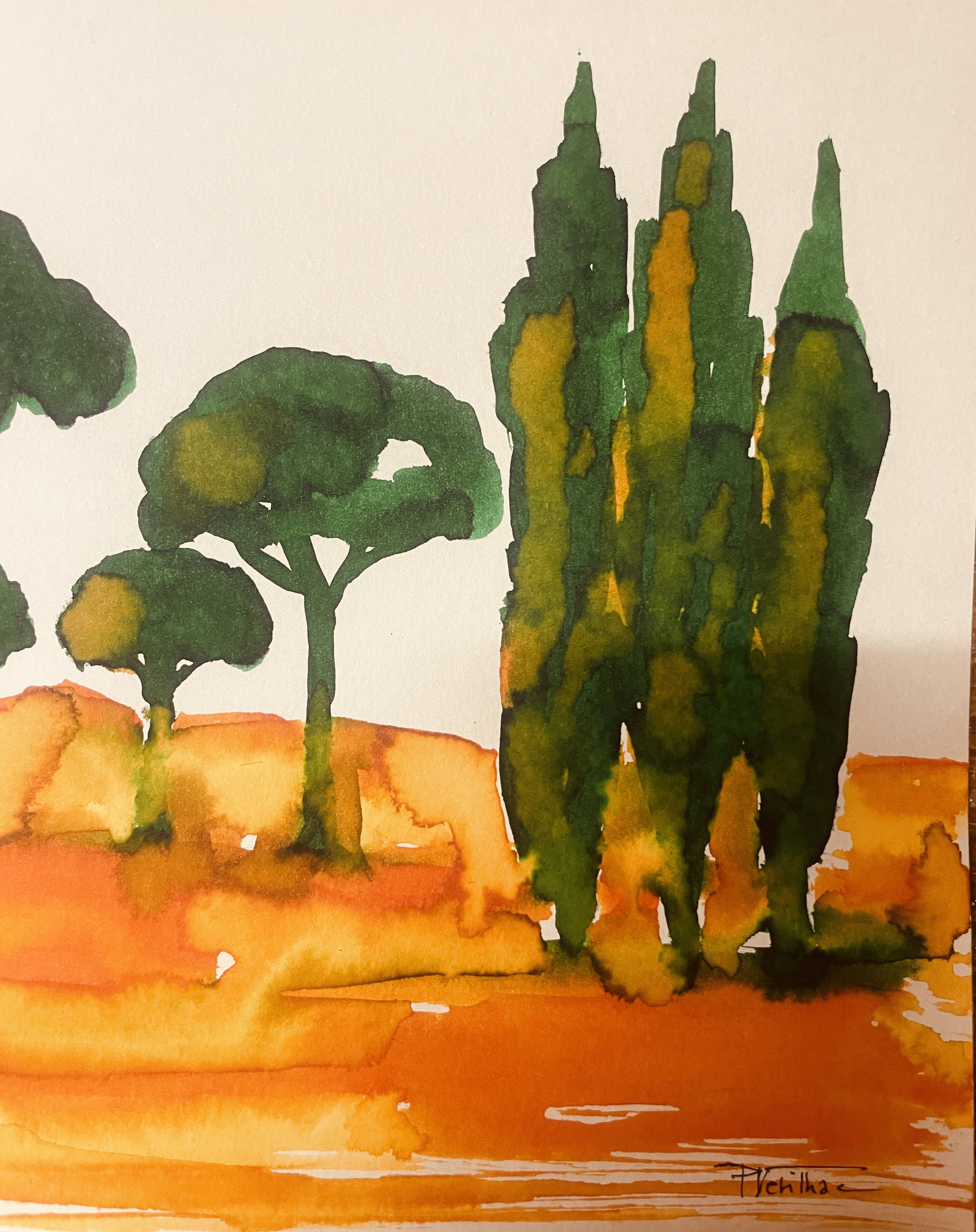 Tableau signé paysage « Lever de soleil provençal dans la pinède »