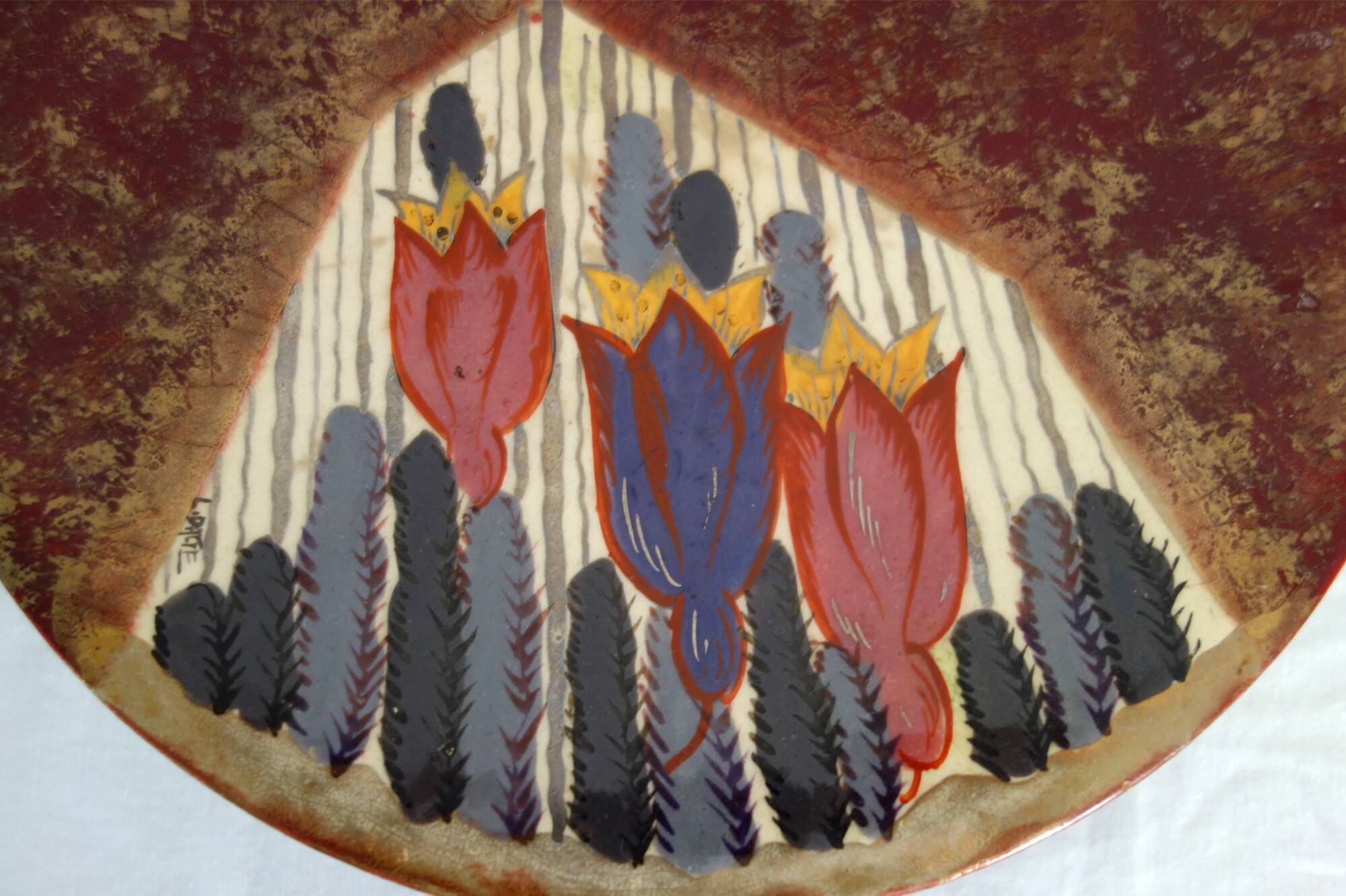 Louis Dage red and gold fruit bowl, 1920s/1930s