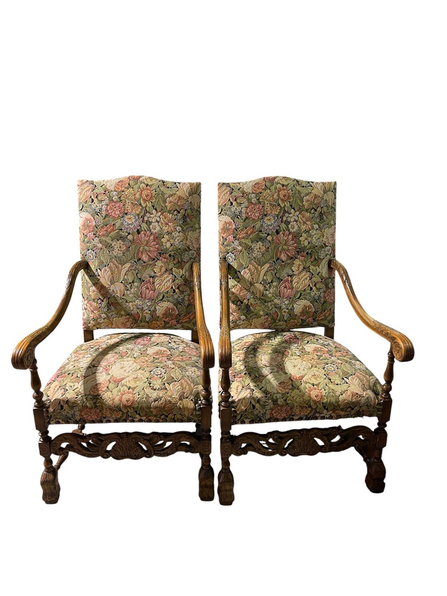 Pair of large ceremonial armchairs in Louis XIII style with tapestry f