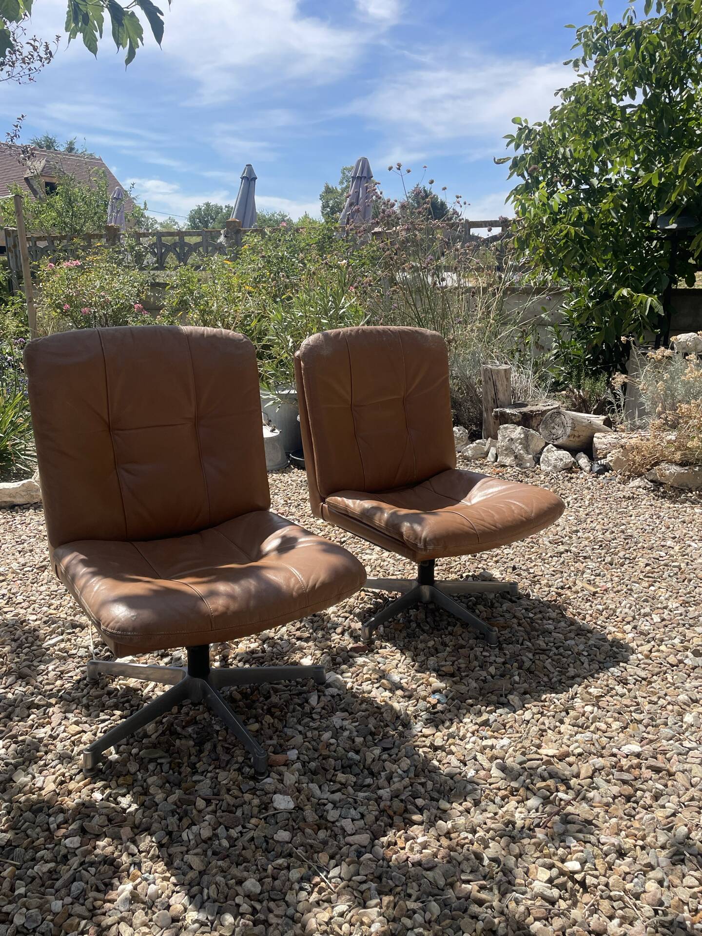 Pair of swivel armchairs in cognac leather – 1970s