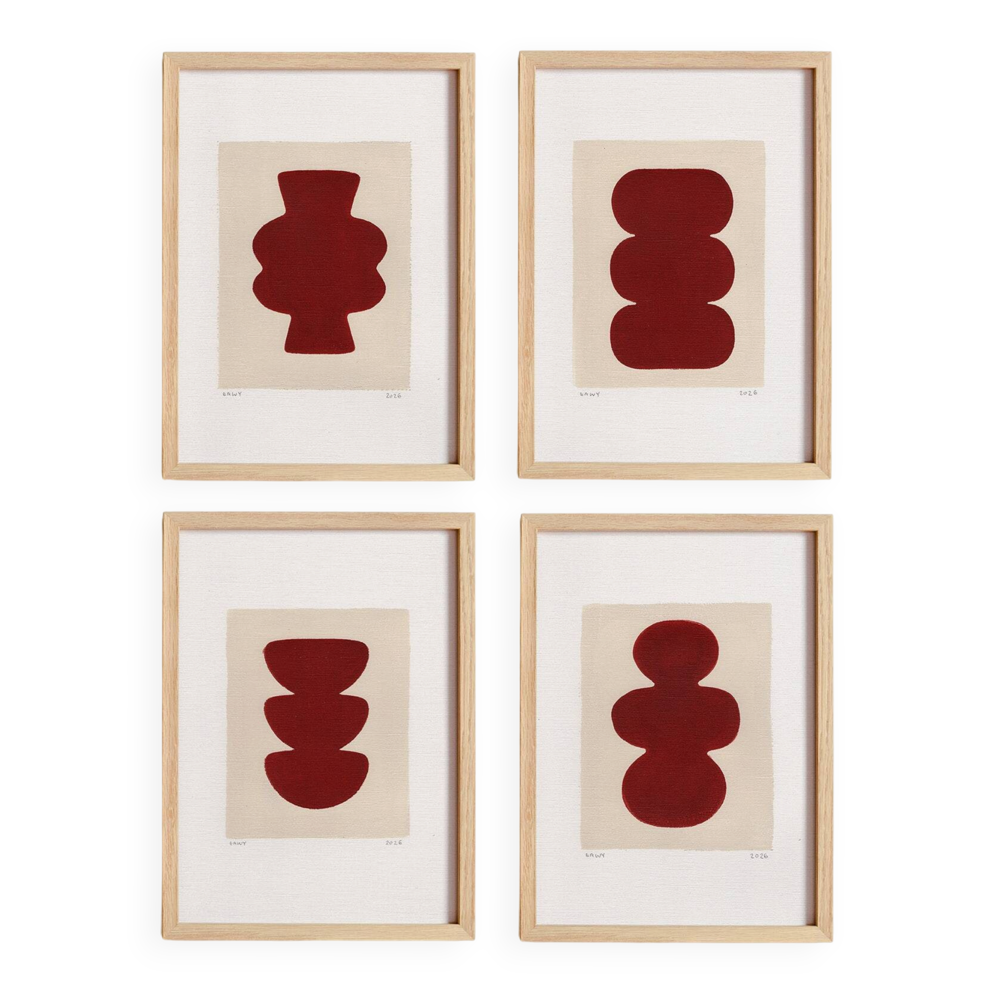 Collection de 4 peintures abstraites sur papier col.bordeaux signées Eawy