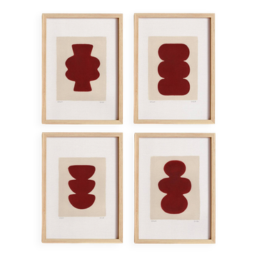 Collection de 4 peintures abstraites sur papier col.bordeaux signées Eawy