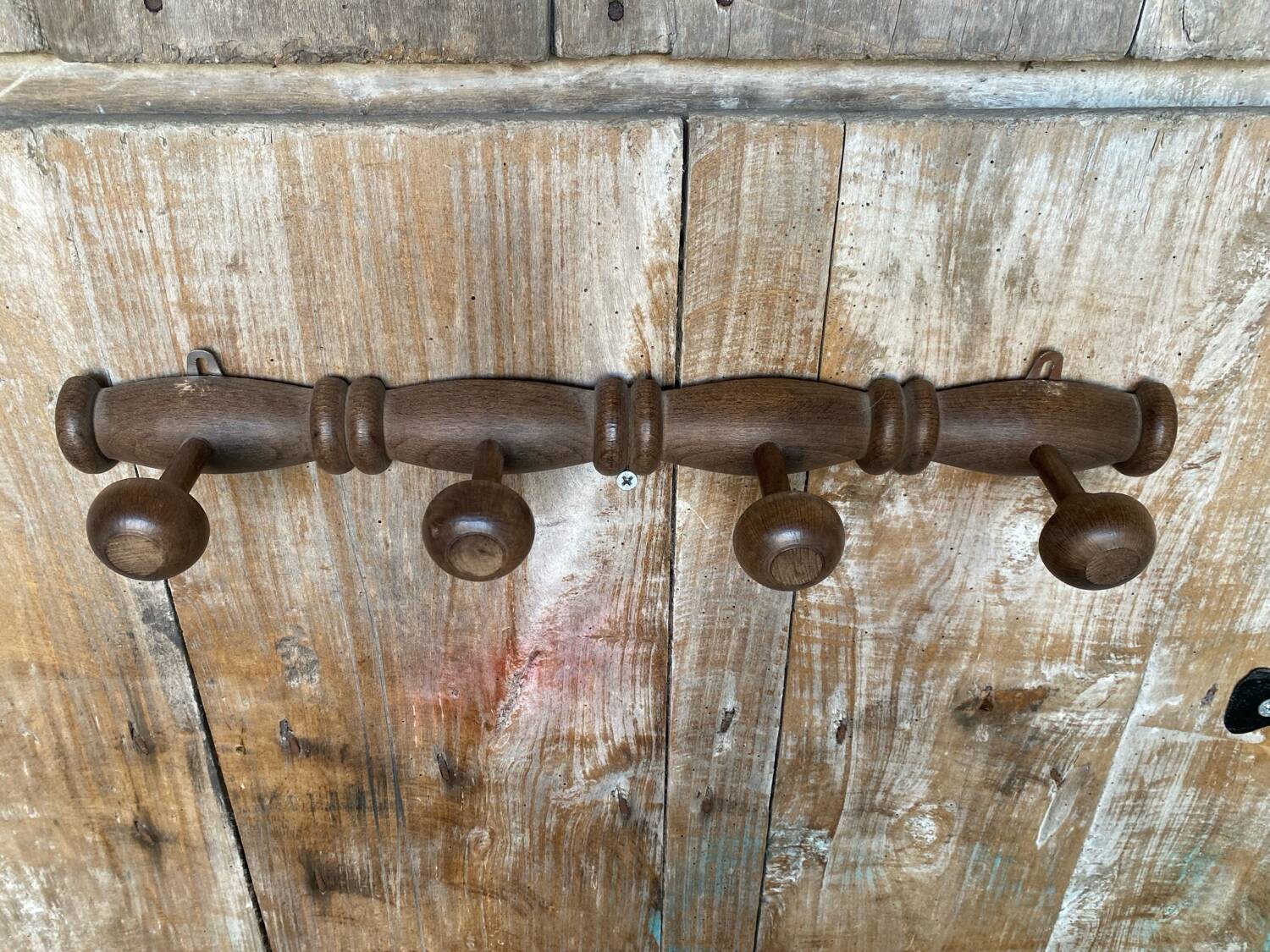 Wall Coat Rack 4 Hooks Wood 1950s Vintage #D749