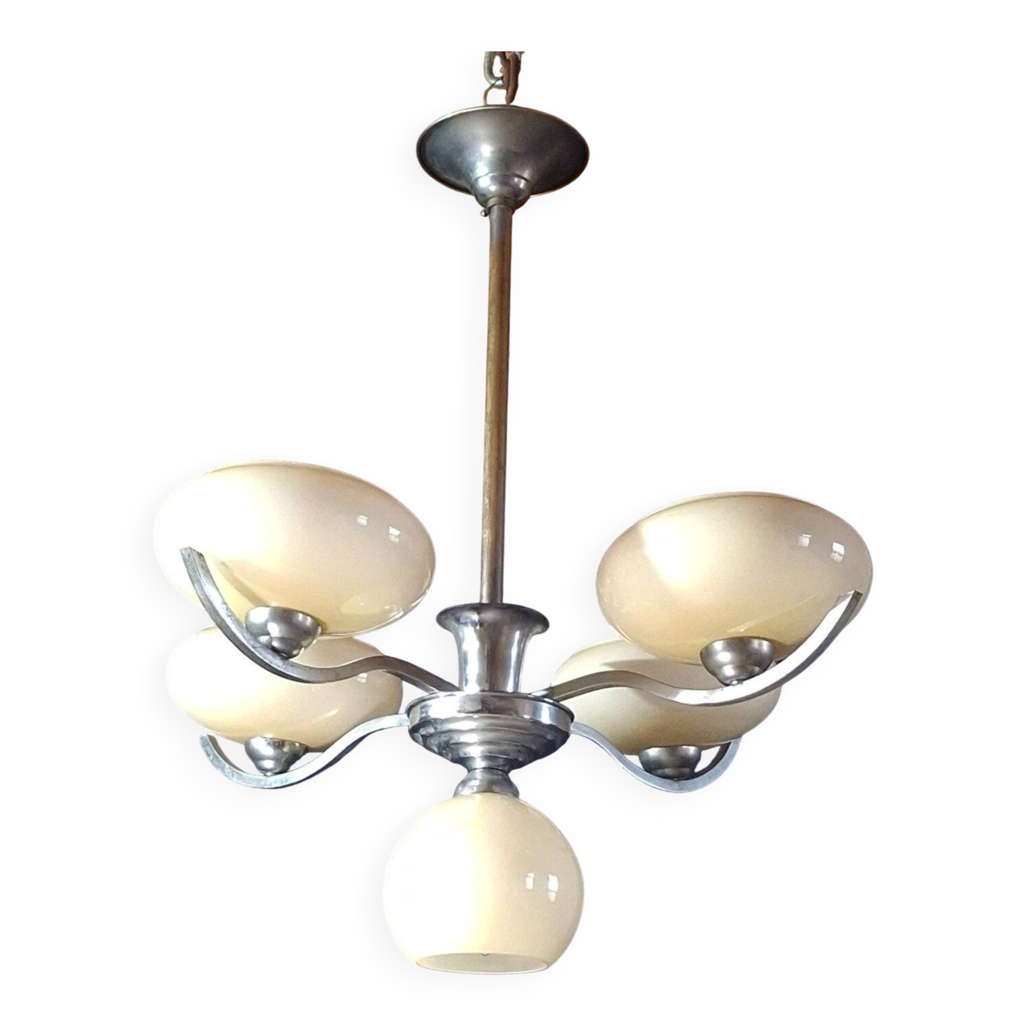 Lustre chrome metal 5 opalines jaune pale 1950