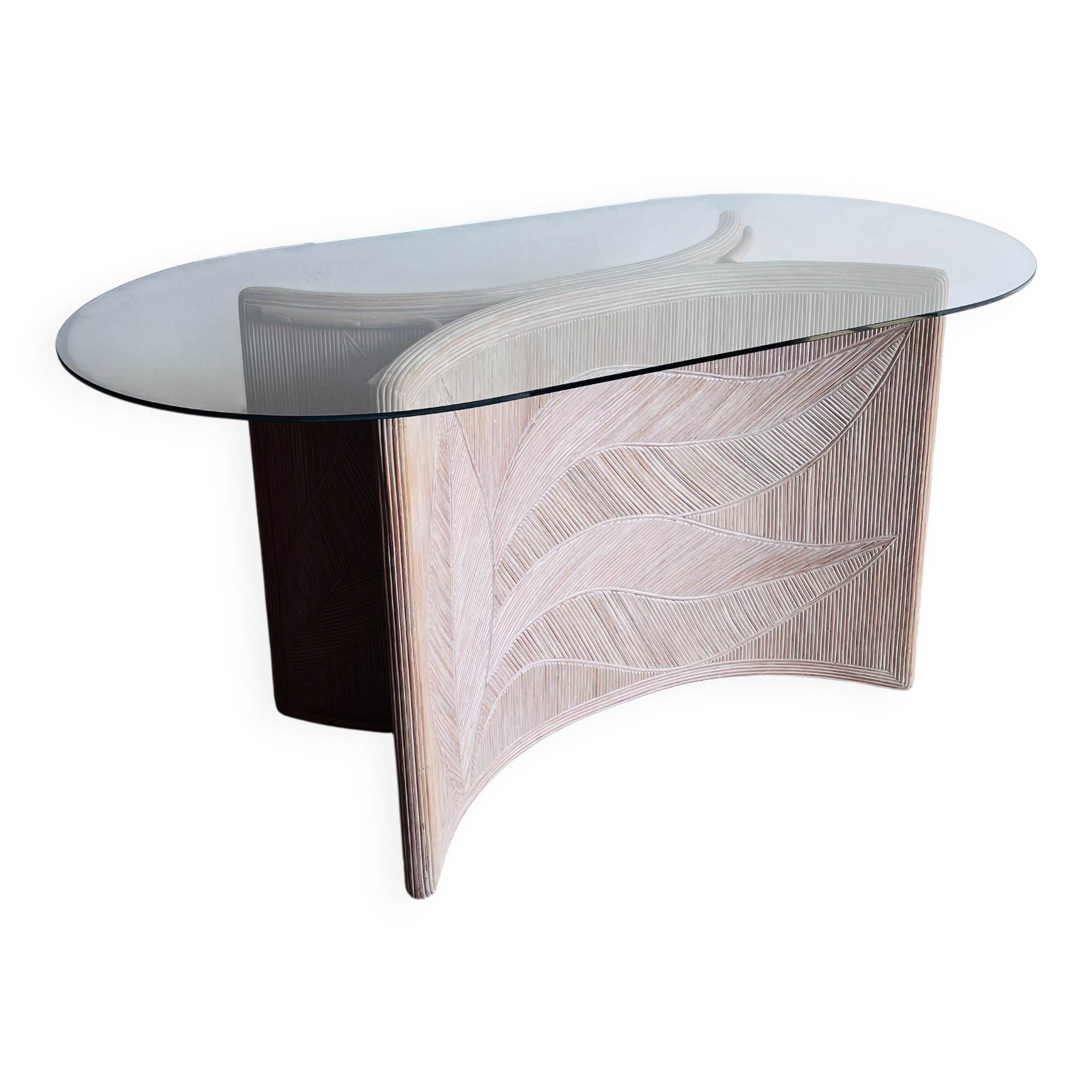 Italian side table with carved rattan and glass top.
