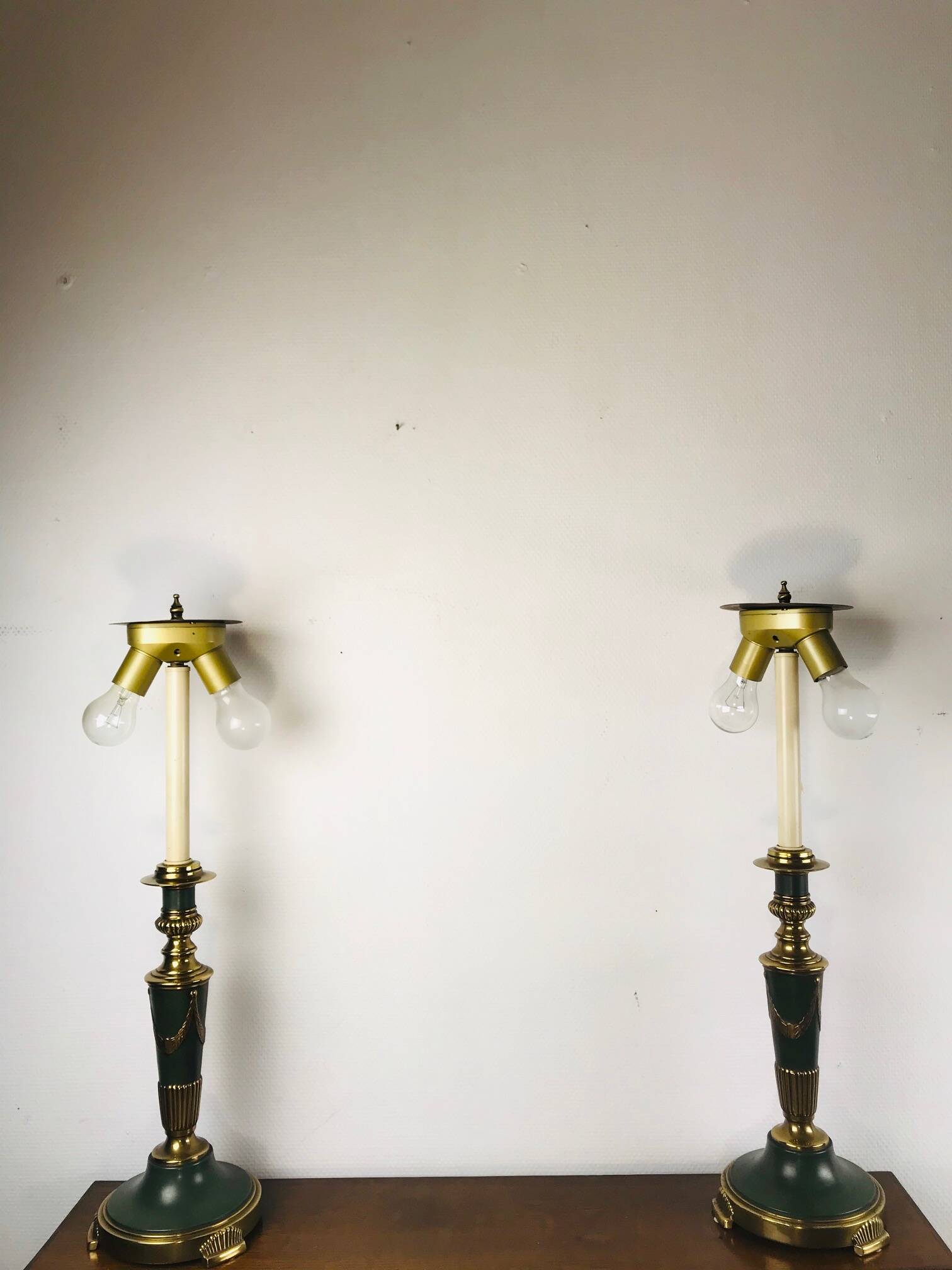 Vintage dutch brass and green table lamps from kullmann, 1970s, set of 2 table lamps. baroque