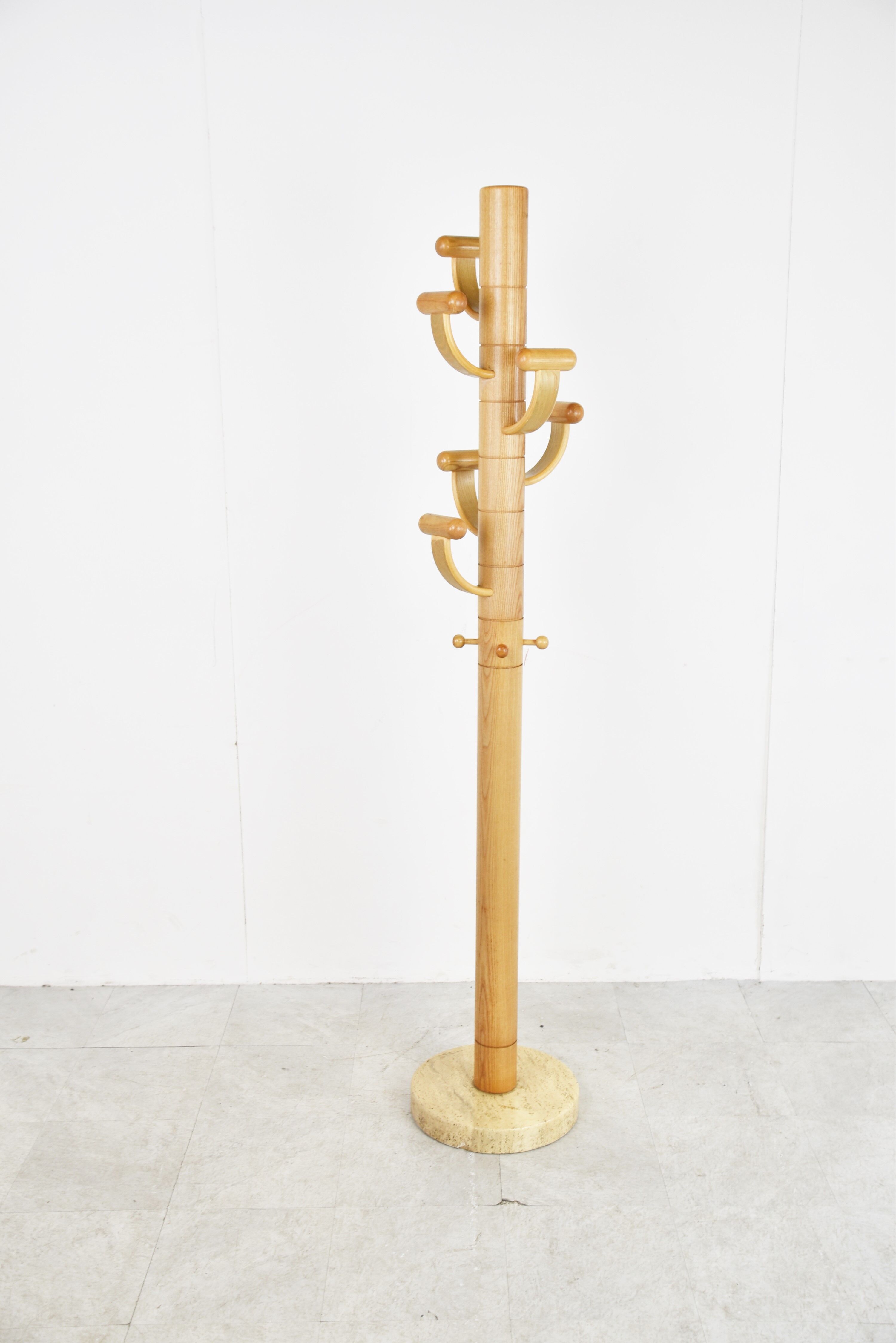 Modernist travertine and wood coat rack 1980s