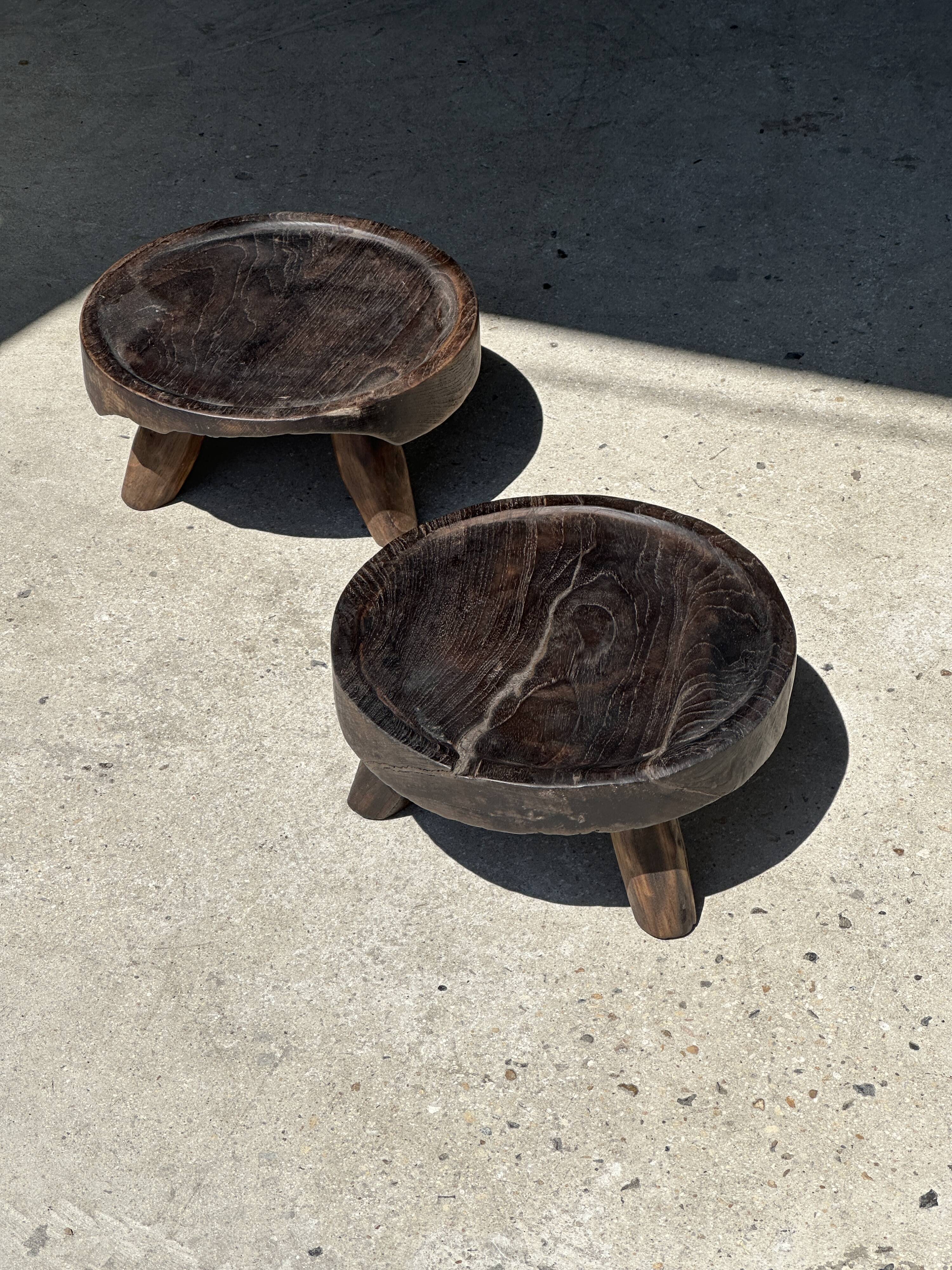 Small tripod stool low in dark brown upcycled teak