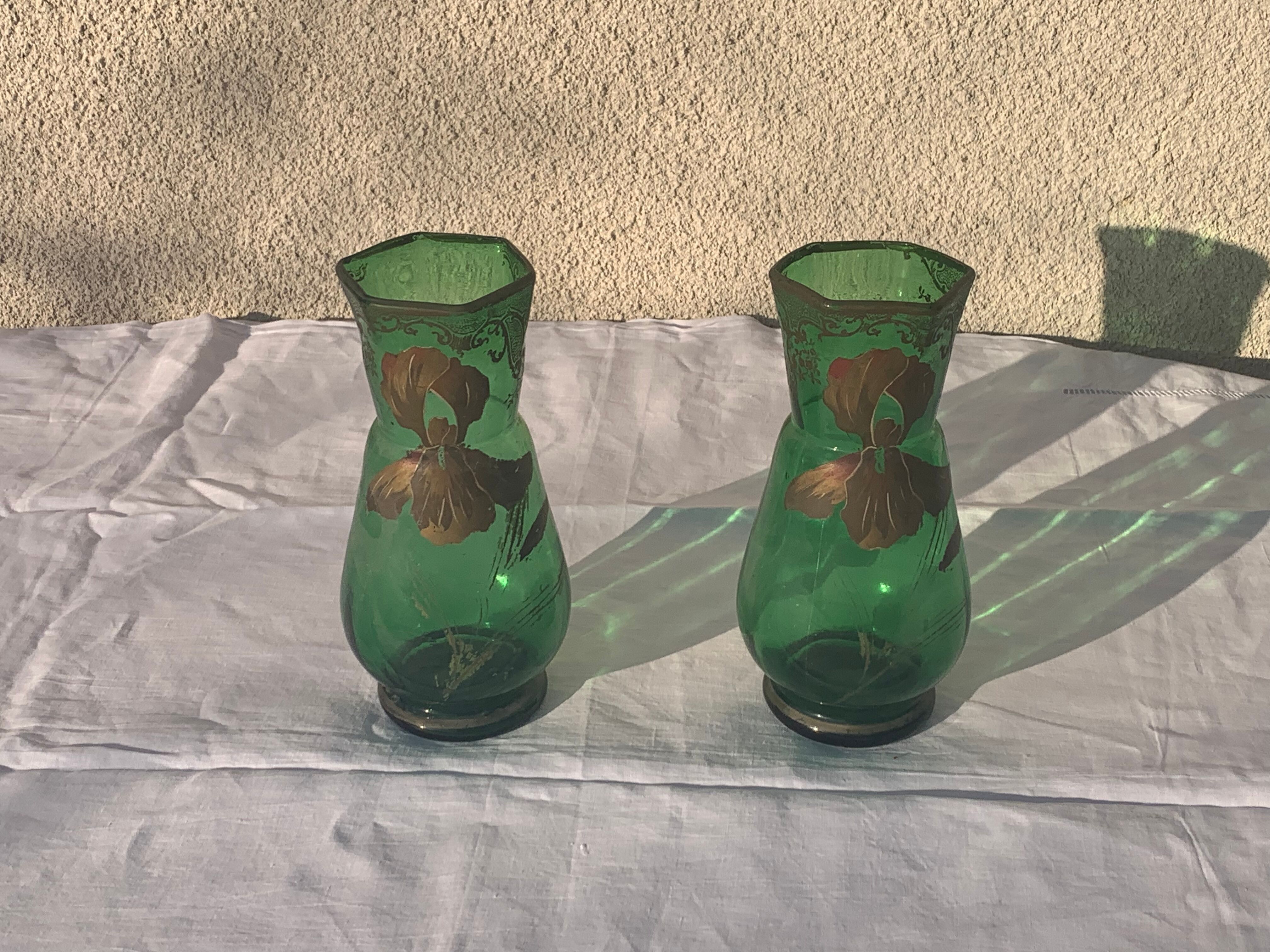 Pair of iris vases gilded transparent glass green and iris hand painted art nouveau, collector