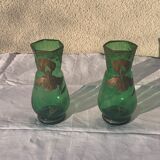 Paire de vases aux iris dore verre transparent vert et iris peint a la main art nouveau, collector