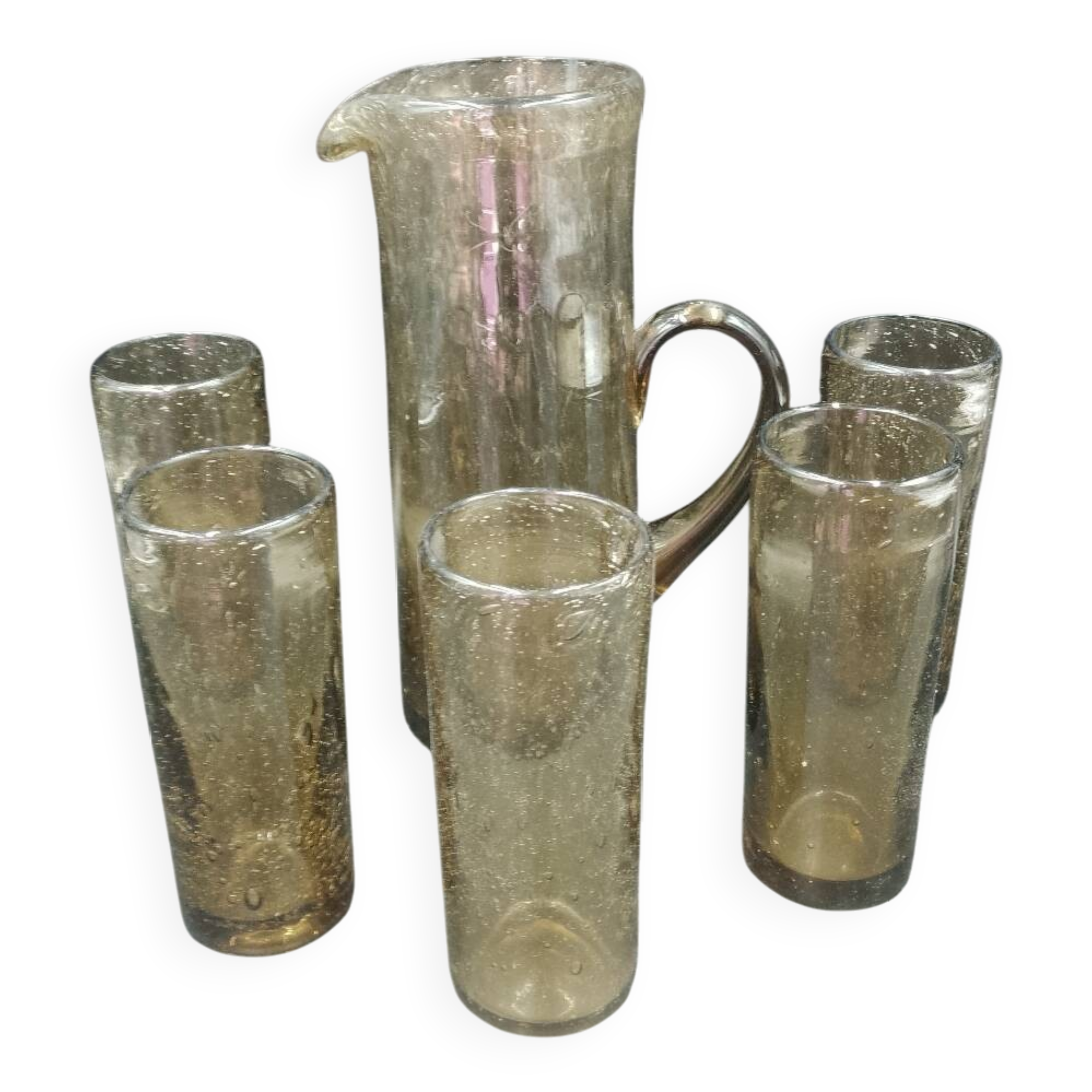 6-piece orangeade set in blown and bubbled gray glass