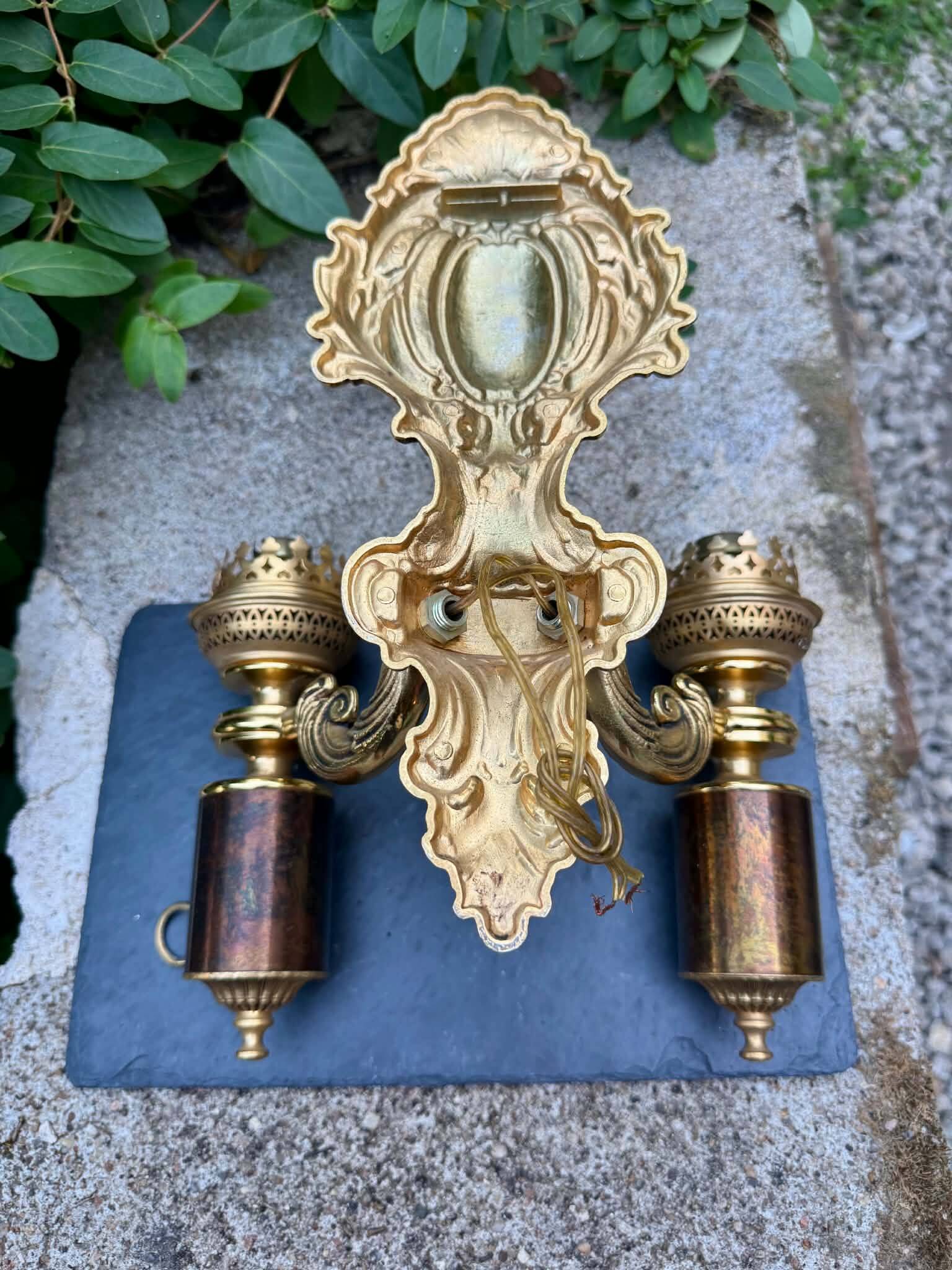 Wall light with 2 branches in baroque brass lion design.