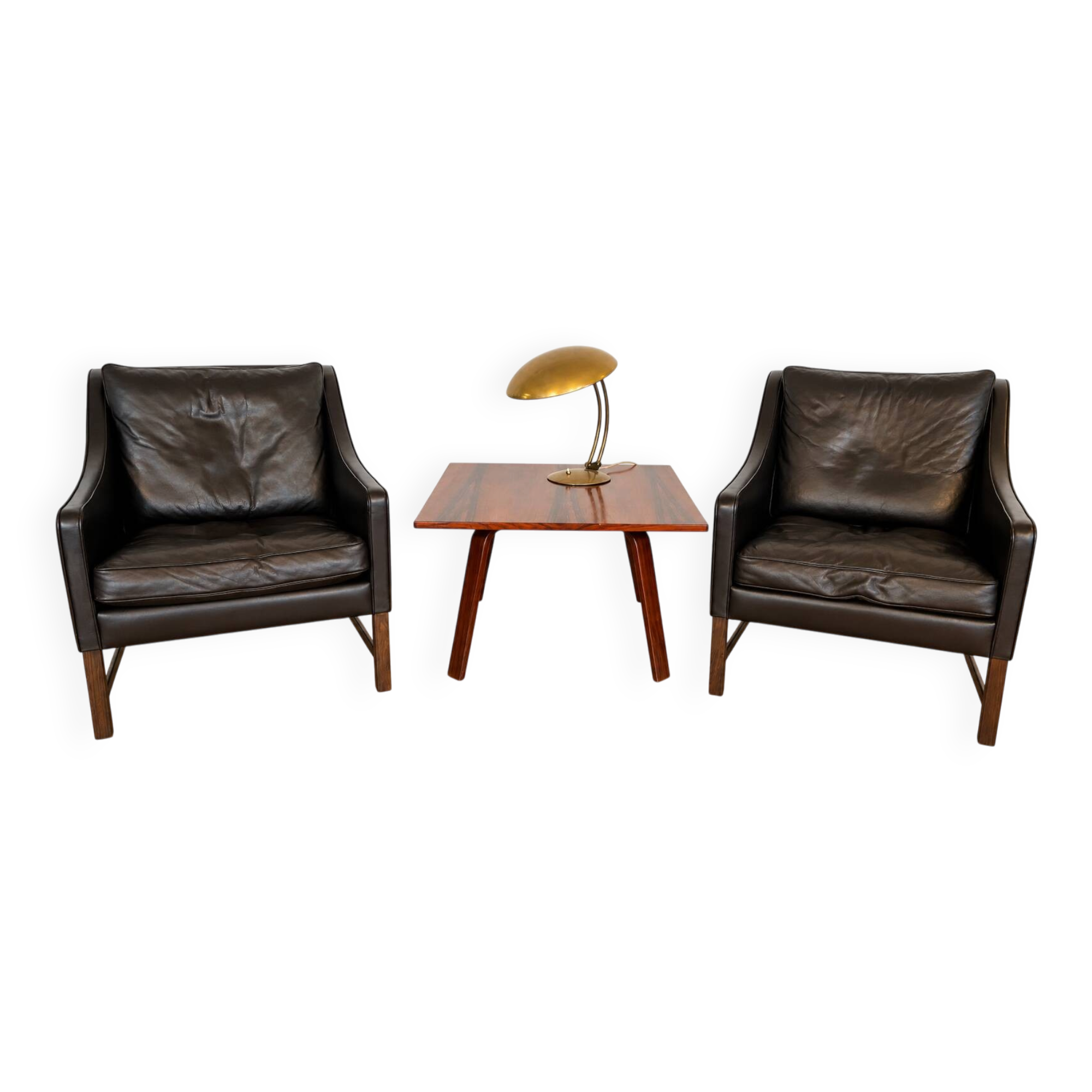 Fredrik Kayser mid-century leather & rosewood lounge chairs – brown leather