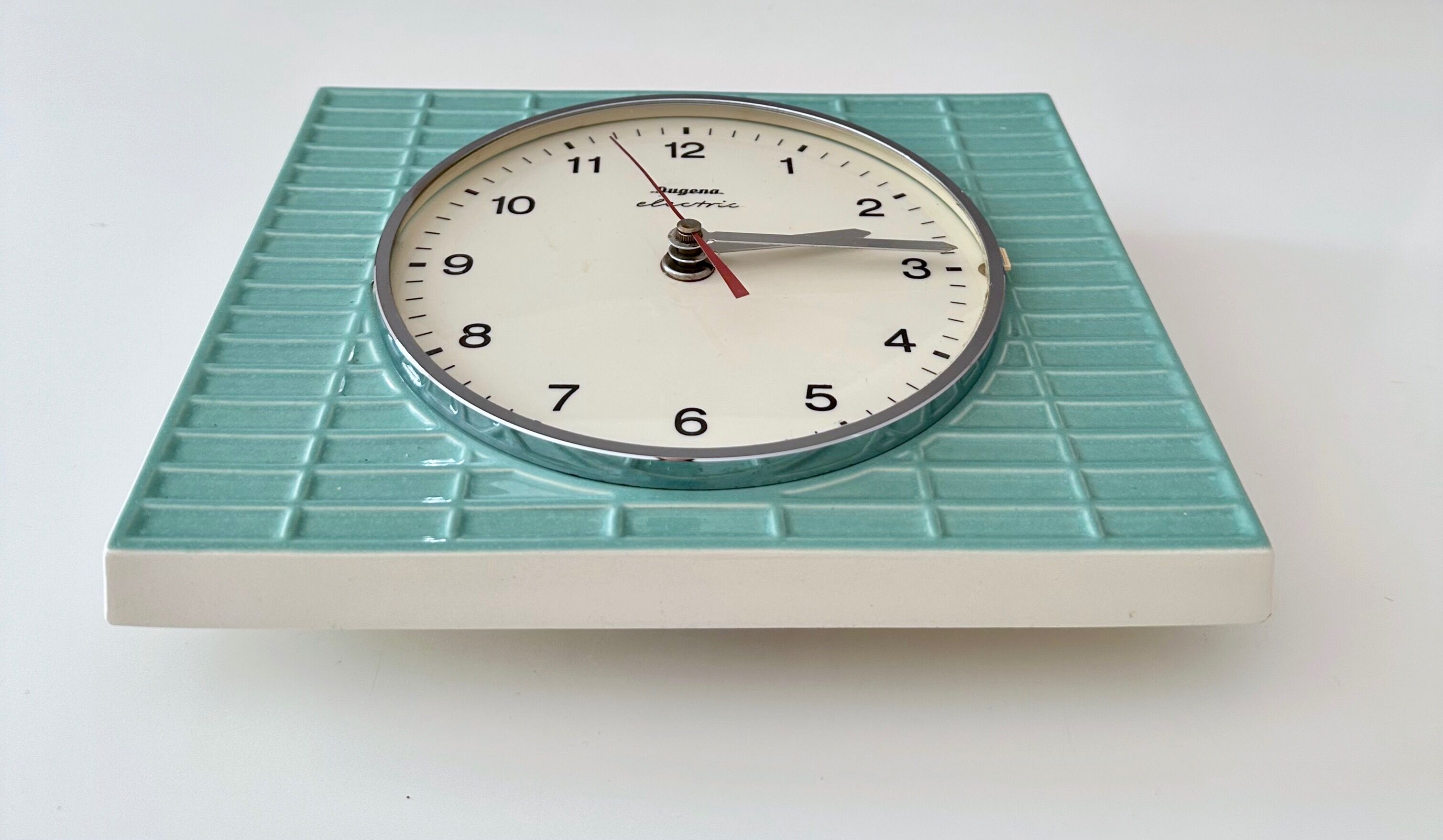 Vintage dugena wall clock, ceramic clock, pastel green, mid century clock