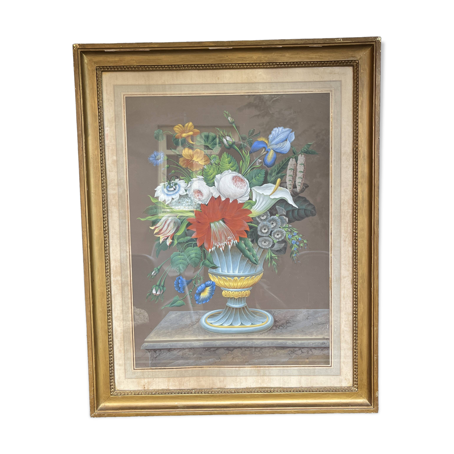 “Bouquet of flowers” still life painting in Neo Classical style, gouache on paper, ca 1830