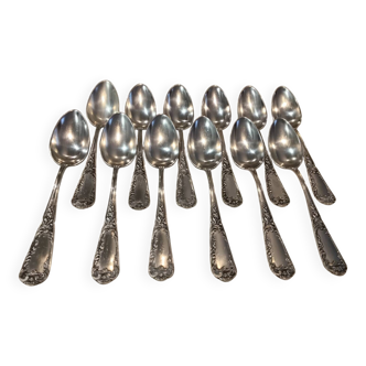 12 silver-plated metal dessert spoons, silversmith SFAM, rocaille design, 19.1 cm.